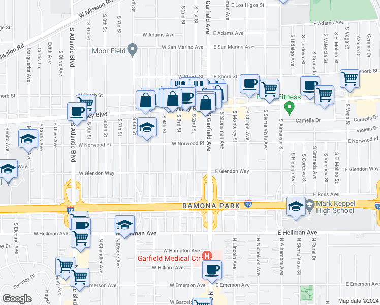 map of restaurants, bars, coffee shops, grocery stores, and more near 1610 South 3rd Street in Alhambra
