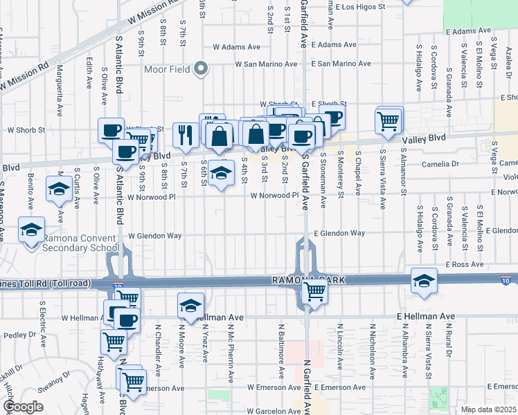 map of restaurants, bars, coffee shops, grocery stores, and more near 1610 South 4th Street in Alhambra