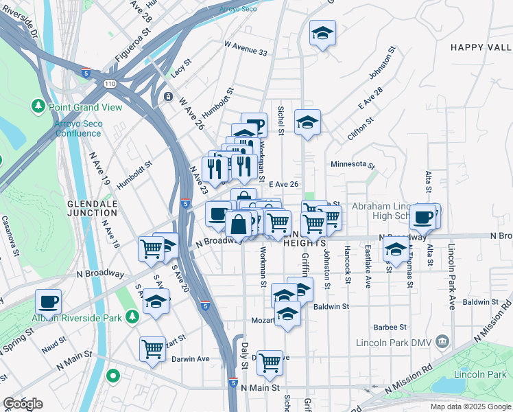 map of restaurants, bars, coffee shops, grocery stores, and more near 2501 Workman Street in Los Angeles