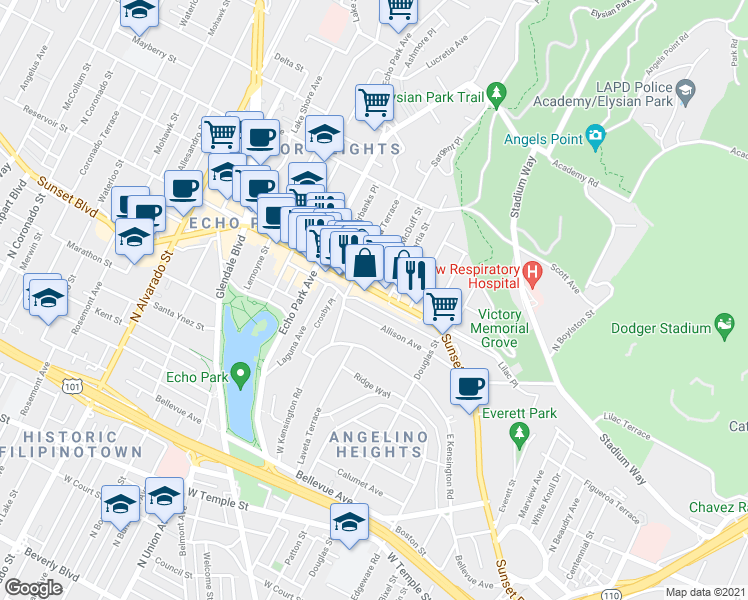 map of restaurants, bars, coffee shops, grocery stores, and more near 1498 Sunset Boulevard in Los Angeles