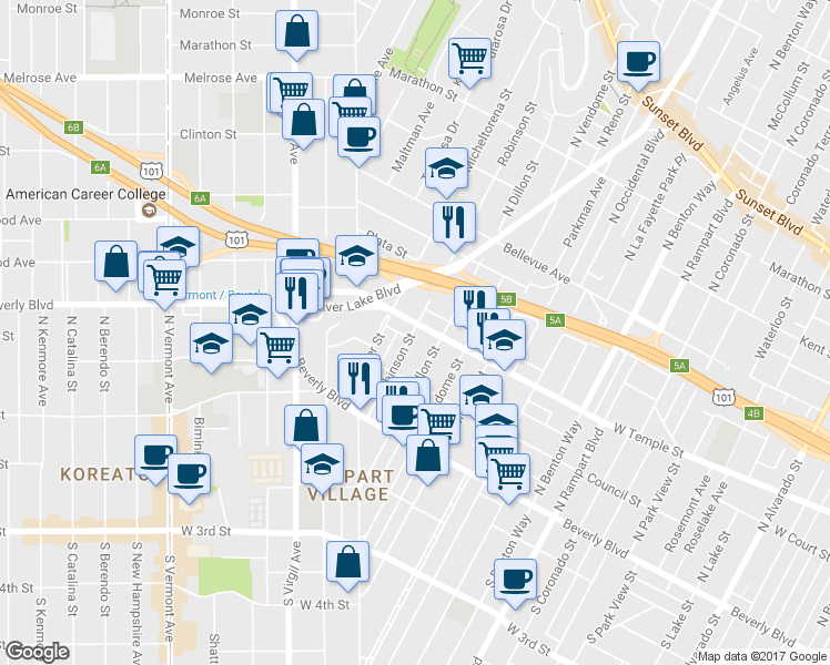 map of restaurants, bars, coffee shops, grocery stores, and more near 245 Robinson Street in Los Angeles