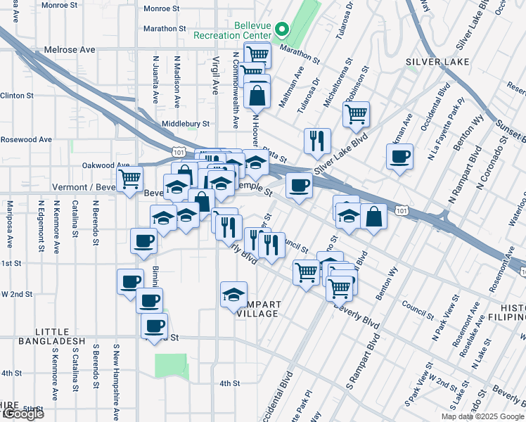 map of restaurants, bars, coffee shops, grocery stores, and more near 235 North Hoover Street in Los Angeles
