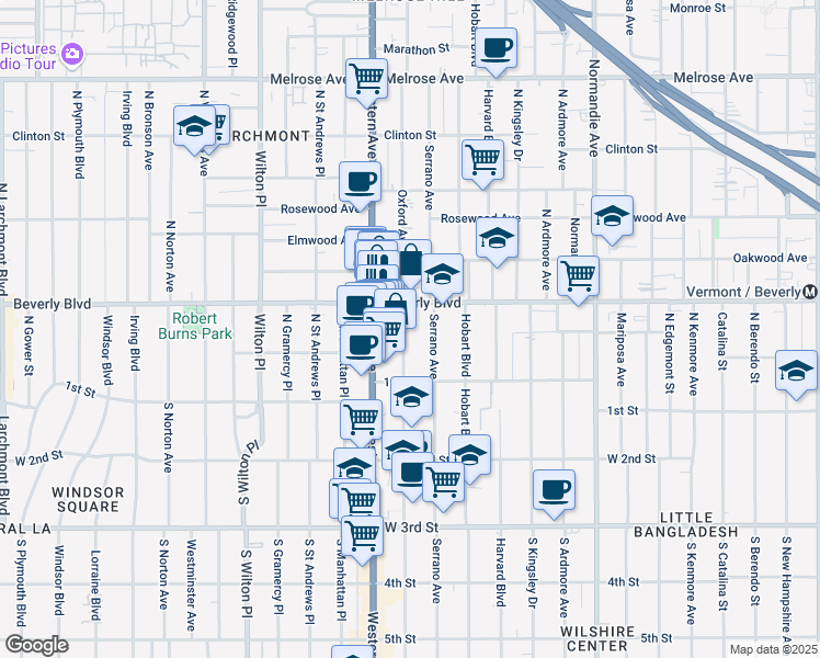 map of restaurants, bars, coffee shops, grocery stores, and more near 200 North Oxford Avenue in Los Angeles