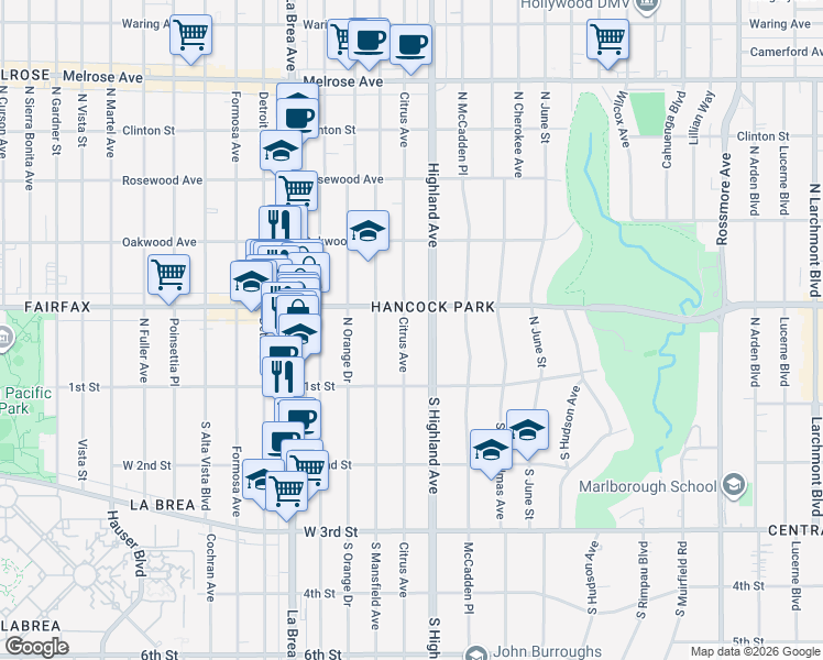 map of restaurants, bars, coffee shops, grocery stores, and more near 166N North Citrus Avenue in Los Angeles