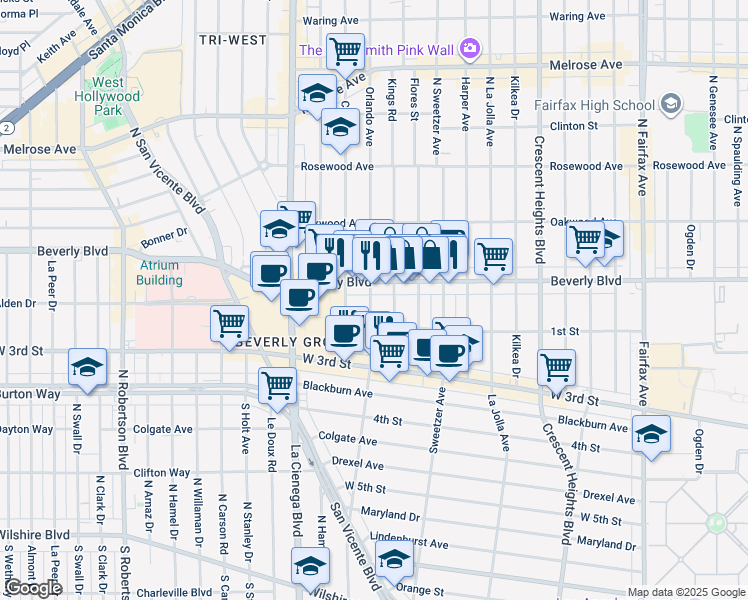 map of restaurants, bars, coffee shops, grocery stores, and more near 131 Kings Road in Los Angeles