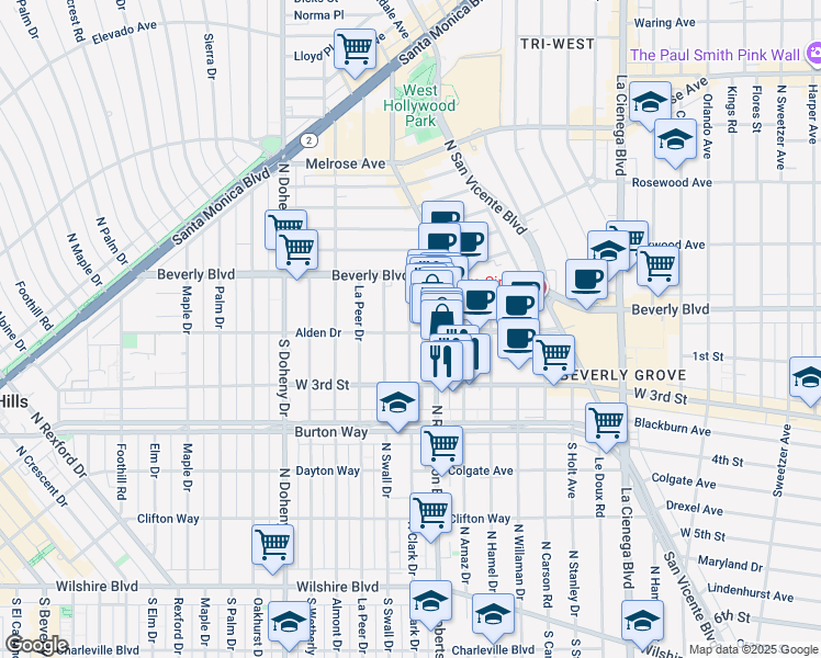 map of restaurants, bars, coffee shops, grocery stores, and more near 100 North Clark Drive in West Hollywood
