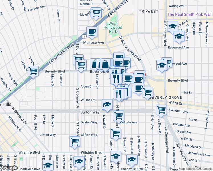 map of restaurants, bars, coffee shops, grocery stores, and more near 8903 Alden Drive in Los Angeles