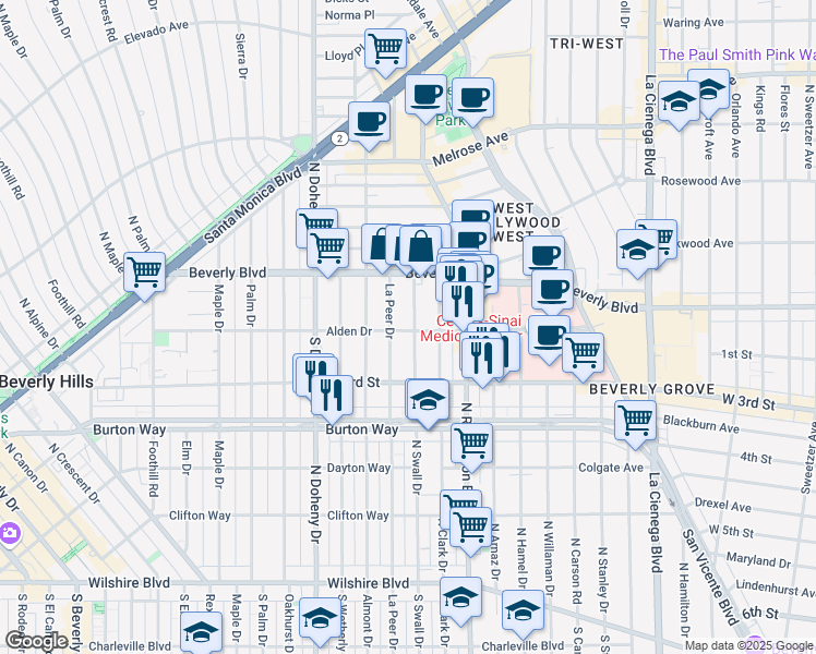 map of restaurants, bars, coffee shops, grocery stores, and more near 8903 Alden Drive in Los Angeles