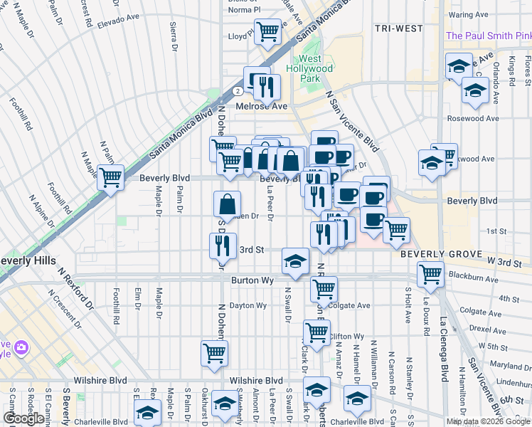 map of restaurants, bars, coffee shops, grocery stores, and more near 104 North Almont Drive in West Hollywood