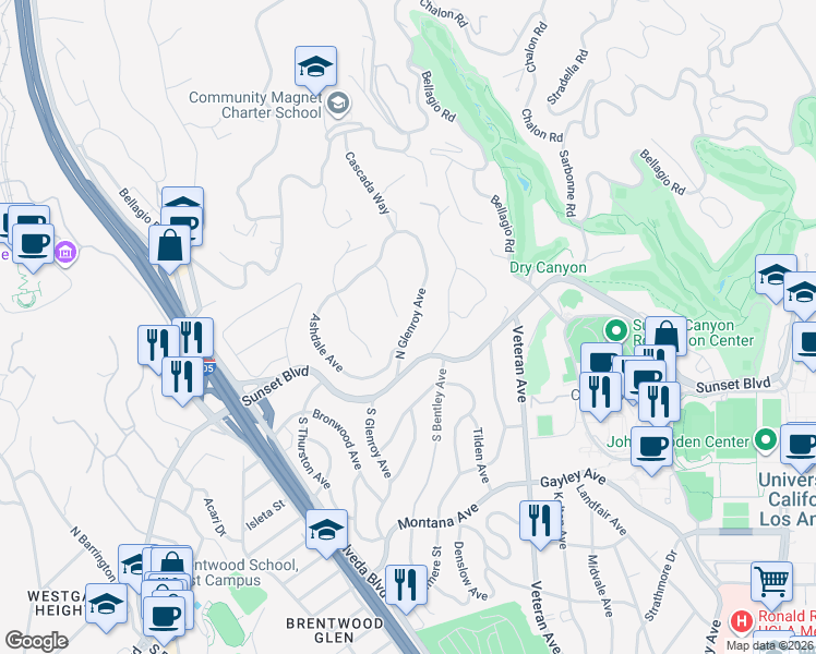 map of restaurants, bars, coffee shops, grocery stores, and more near 123 North Glenroy Avenue in Los Angeles