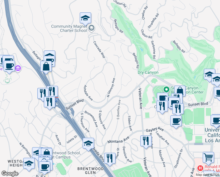 map of restaurants, bars, coffee shops, grocery stores, and more near 123 North Glenroy Avenue in Los Angeles