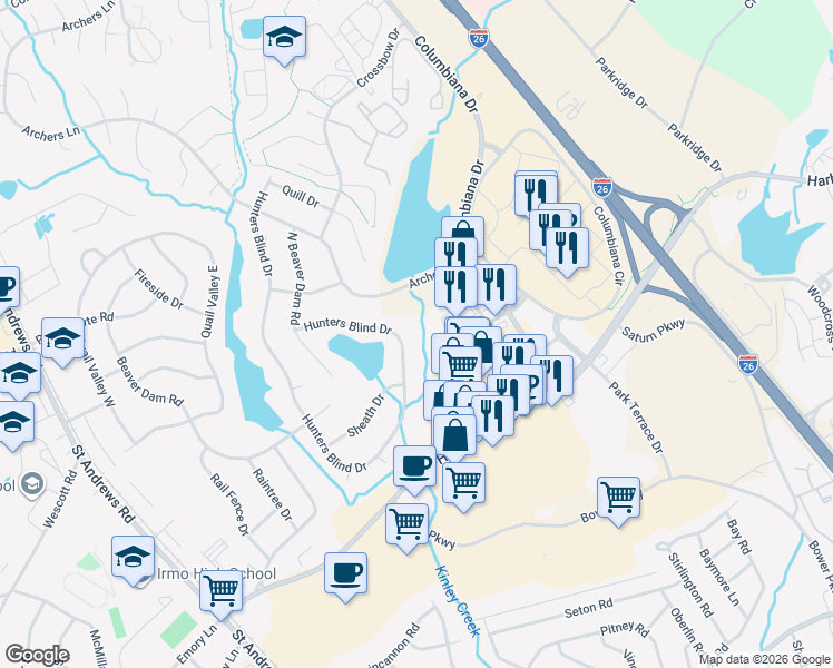 map of restaurants, bars, coffee shops, grocery stores, and more near 151 Hunters Blind Drive in Columbia