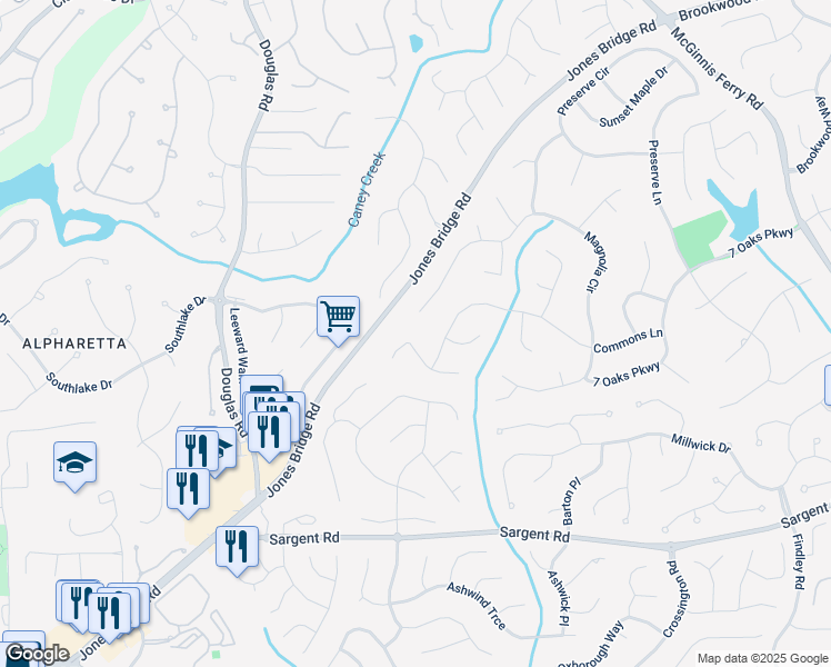 map of restaurants, bars, coffee shops, grocery stores, and more near 470 West Magnolia Circle in Alpharetta