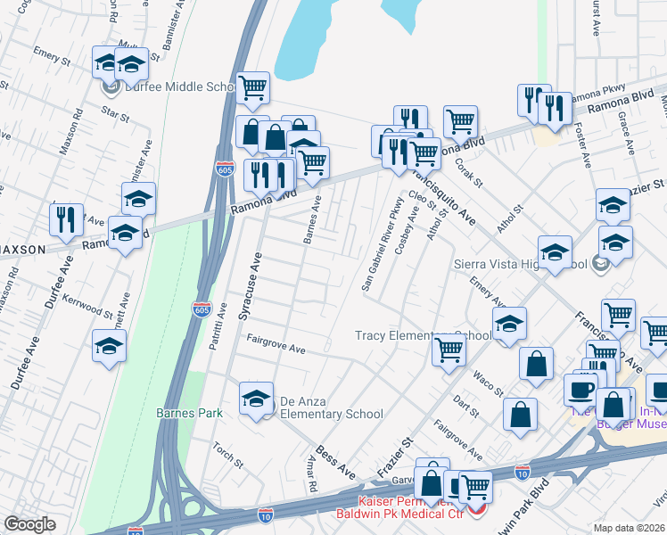 map of restaurants, bars, coffee shops, grocery stores, and more near 3530 Westcott Avenue in Baldwin Park