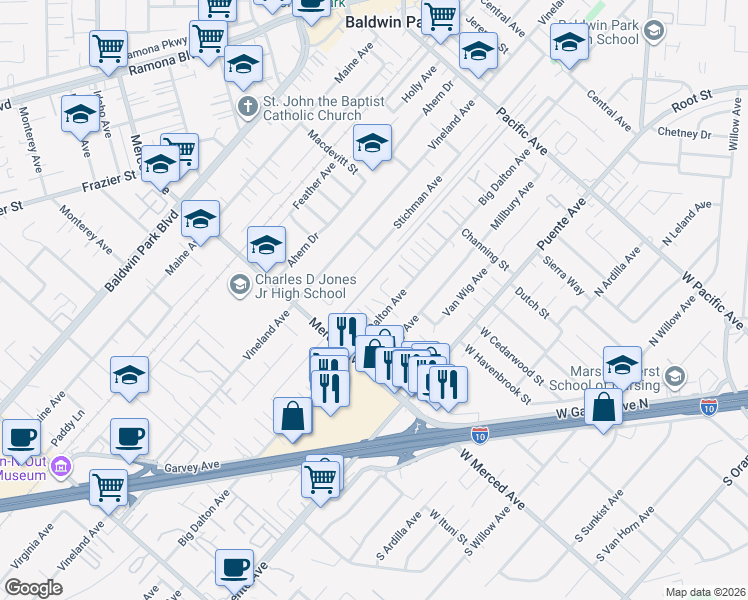 map of restaurants, bars, coffee shops, grocery stores, and more near 3373 Big Dalton Avenue in Baldwin Park