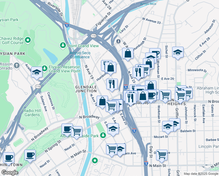 map of restaurants, bars, coffee shops, grocery stores, and more near 137 North Avenue 21 in Los Angeles