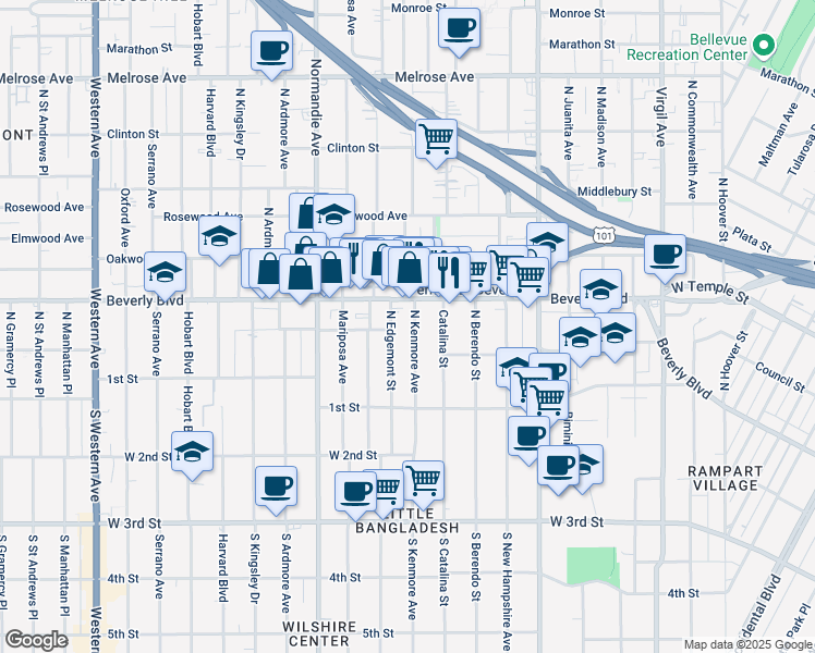 map of restaurants, bars, coffee shops, grocery stores, and more near 203 North Edgemont Street in Los Angeles