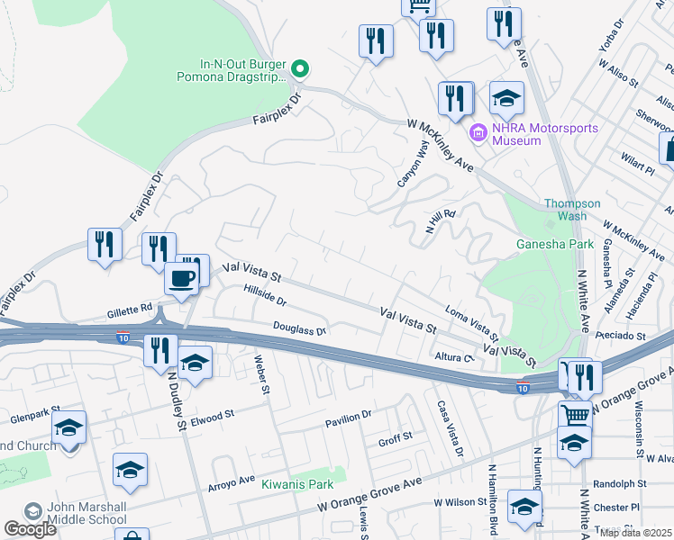 map of restaurants, bars, coffee shops, grocery stores, and more near 1118 Loma Vista Street in Pomona