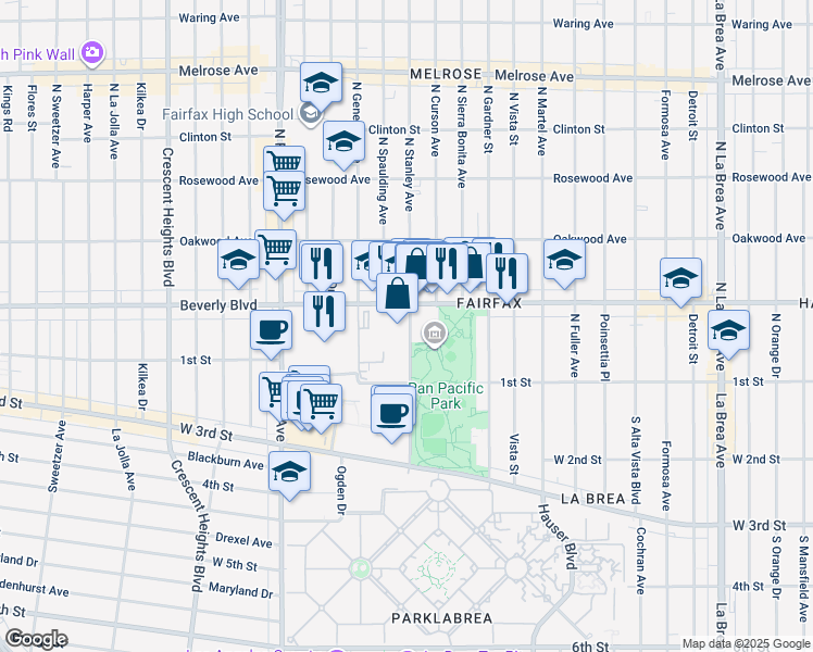 map of restaurants, bars, coffee shops, grocery stores, and more near 7660 Beverly Boulevard in Los Angeles