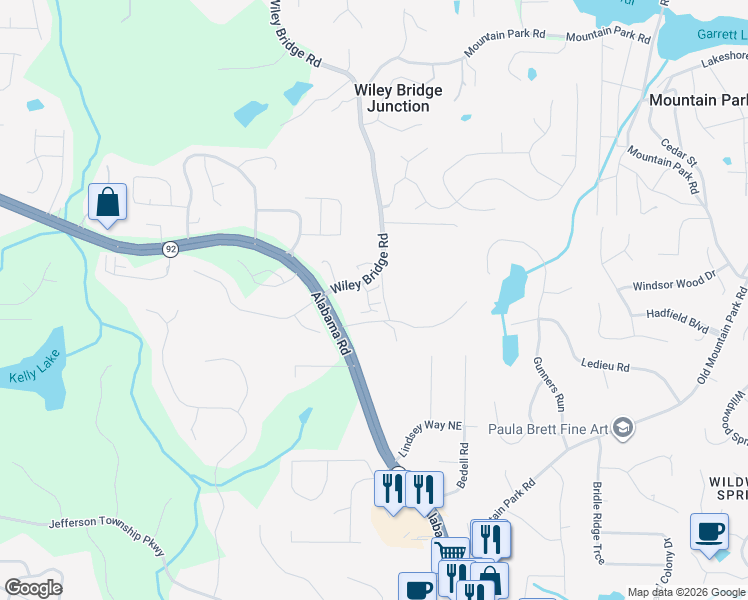 map of restaurants, bars, coffee shops, grocery stores, and more near 984 Wiley Bridge Road in Woodstock