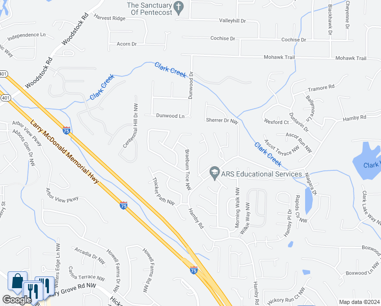 map of restaurants, bars, coffee shops, grocery stores, and more near 4970 Braeburn Trce Northwest in Acworth