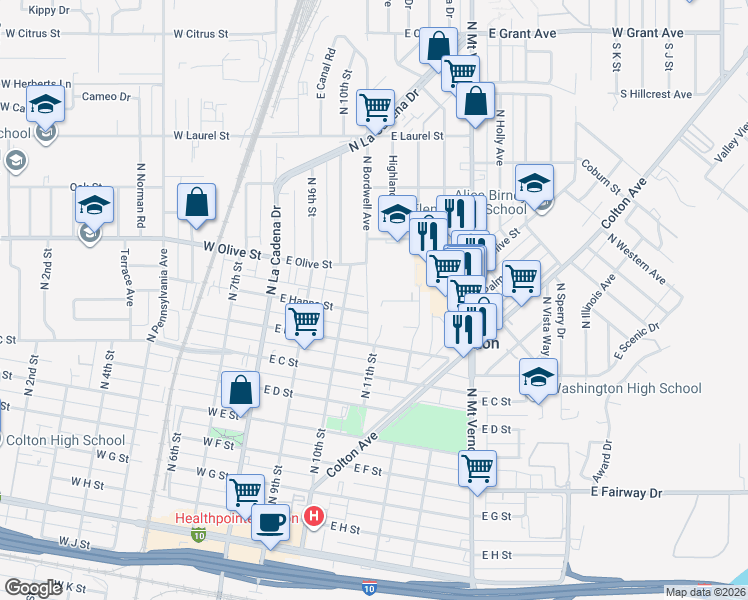 map of restaurants, bars, coffee shops, grocery stores, and more near 405 A Court in Colton