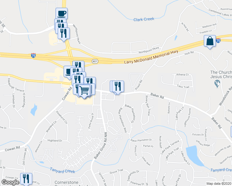 map of restaurants, bars, coffee shops, grocery stores, and more near 3378 Baker Road in Acworth