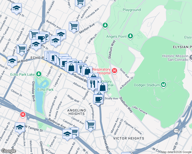 map of restaurants, bars, coffee shops, grocery stores, and more near 1337 Douglas Street in Los Angeles