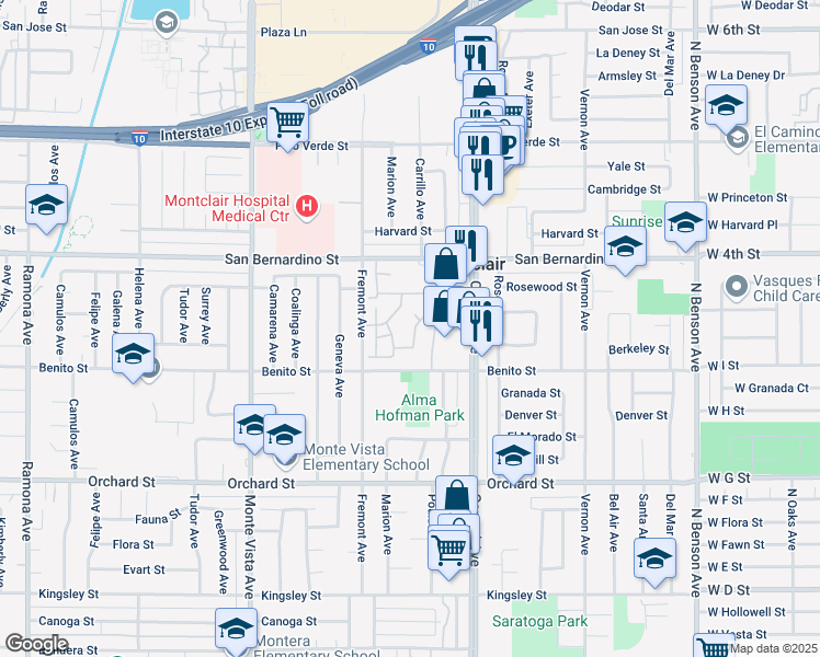 map of restaurants, bars, coffee shops, grocery stores, and more near 5193 Steamboat Drive in Montclair