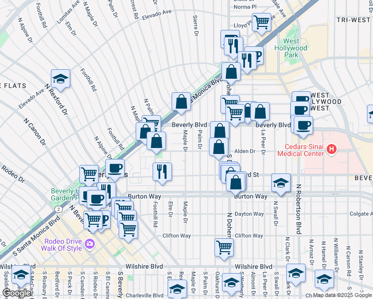map of restaurants, bars, coffee shops, grocery stores, and more near 9224 Alden Drive in Beverly Hills