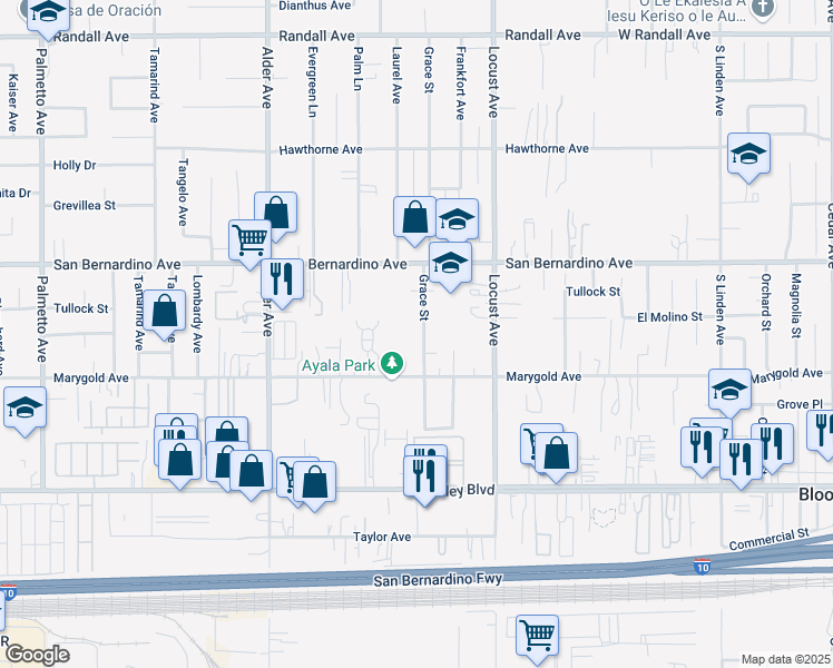 map of restaurants, bars, coffee shops, grocery stores, and more near 9822 Grace Street in Bloomington