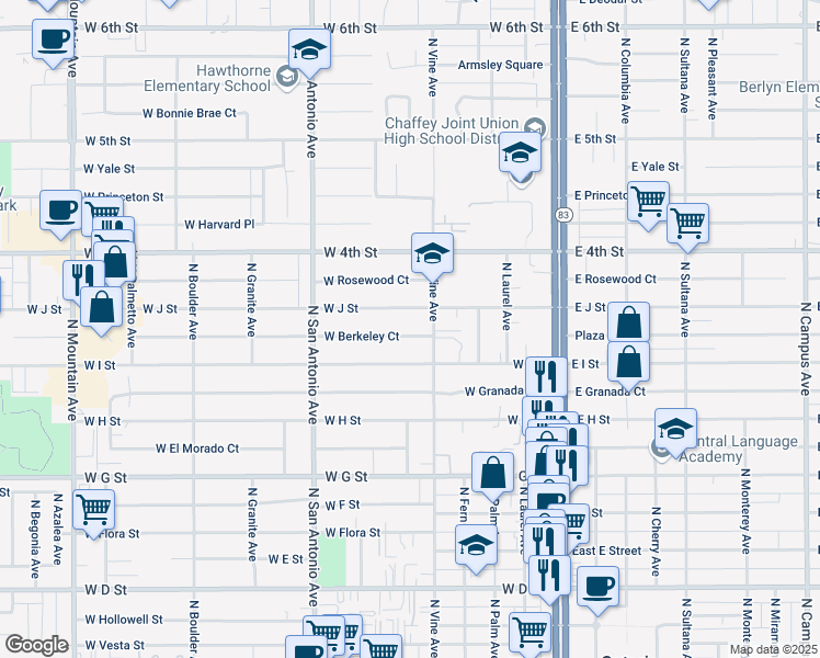 map of restaurants, bars, coffee shops, grocery stores, and more near 524 West Berkeley Court in Ontario
