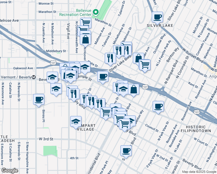 map of restaurants, bars, coffee shops, grocery stores, and more near 3121 West Temple Street in Los Angeles