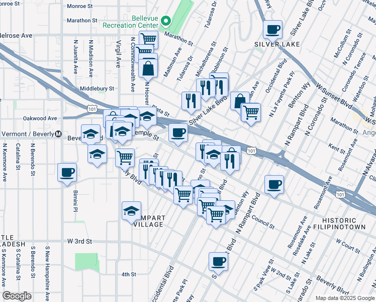 map of restaurants, bars, coffee shops, grocery stores, and more near 3121 West Temple Street in Los Angeles