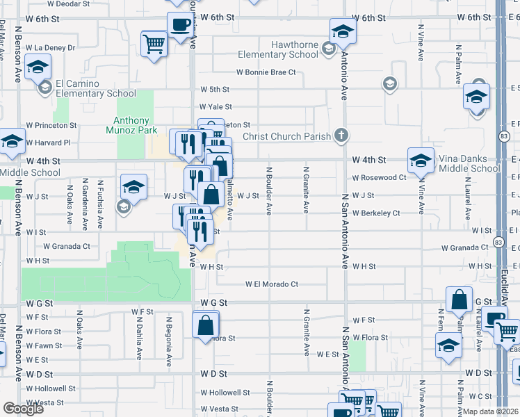 map of restaurants, bars, coffee shops, grocery stores, and more near 914 West Berkeley Court in Ontario