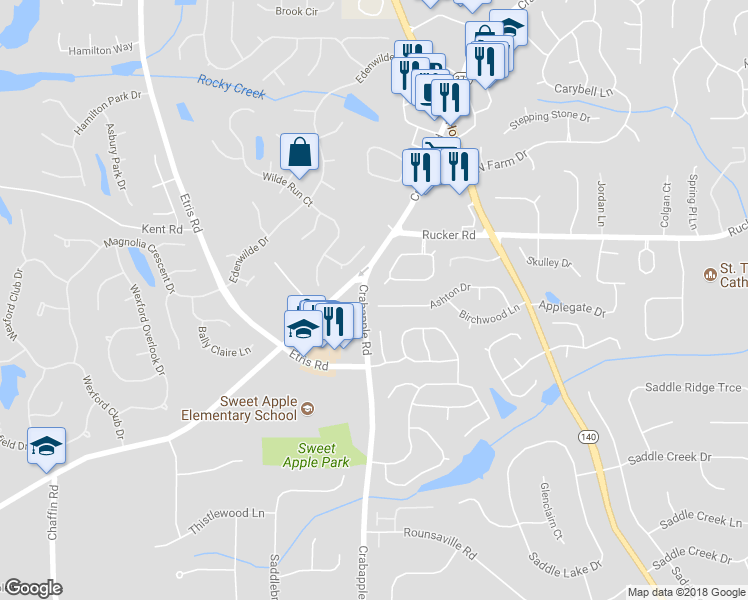 map of restaurants, bars, coffee shops, grocery stores, and more near 2525 Ashton Drive in Roswell
