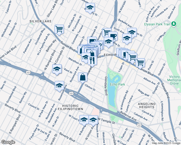 map of restaurants, bars, coffee shops, grocery stores, and more near 908 North Alvarado Street in Los Angeles