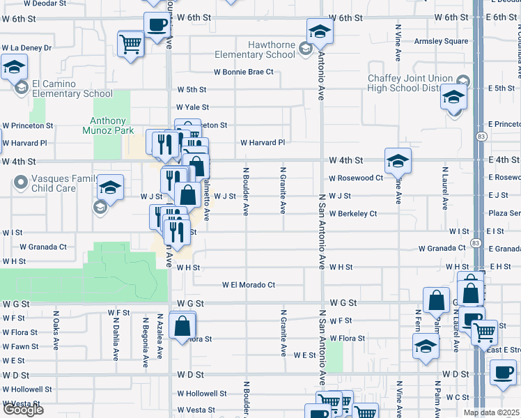 map of restaurants, bars, coffee shops, grocery stores, and more near 840 W Berkeley Ct in Ontario