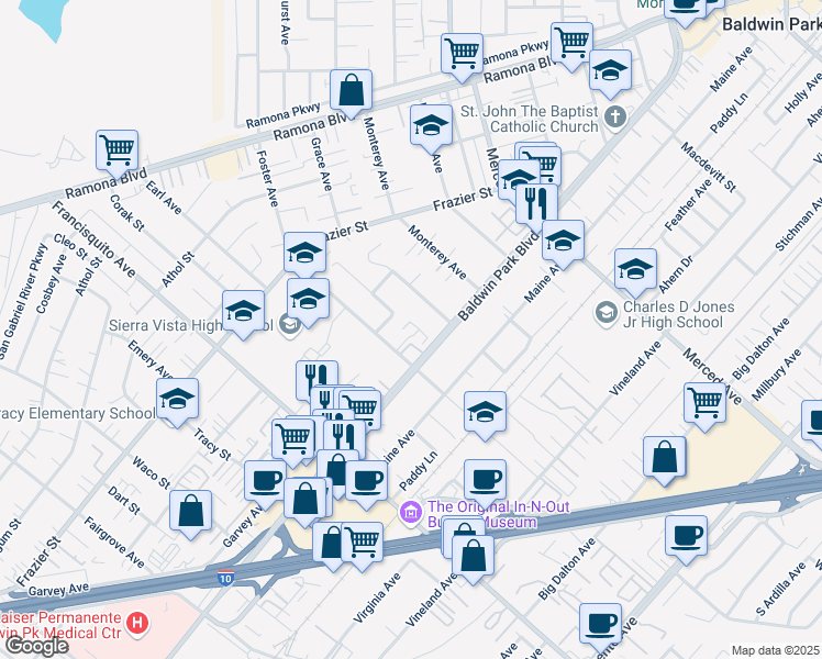 map of restaurants, bars, coffee shops, grocery stores, and more near 3427 Baldwin Park Boulevard in Baldwin Park
