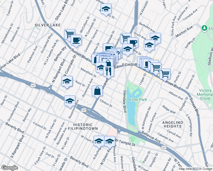 map of restaurants, bars, coffee shops, grocery stores, and more near 900 North Alvarado Street in Los Angeles