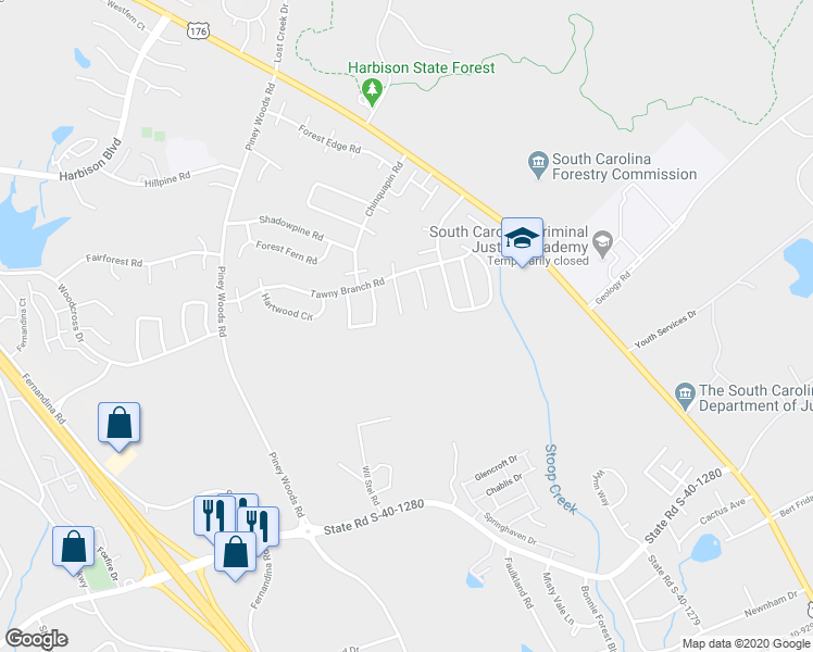 map of restaurants, bars, coffee shops, grocery stores, and more near 33B Battery Walk Court in Columbia