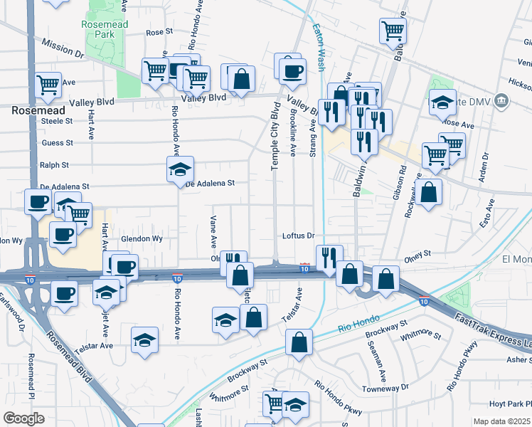 map of restaurants, bars, coffee shops, grocery stores, and more near 3641 Temple City Boulevard in Rosemead