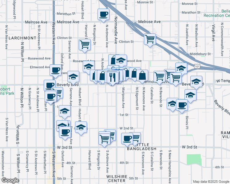 map of restaurants, bars, coffee shops, grocery stores, and more near 201 North Normandie Avenue in Los Angeles