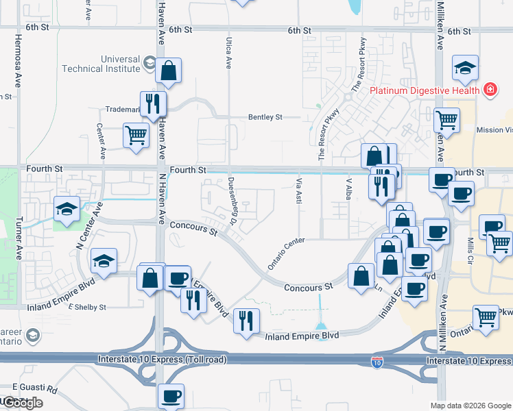 map of restaurants, bars, coffee shops, grocery stores, and more near 950 Duesenberg Drive in Ontario
