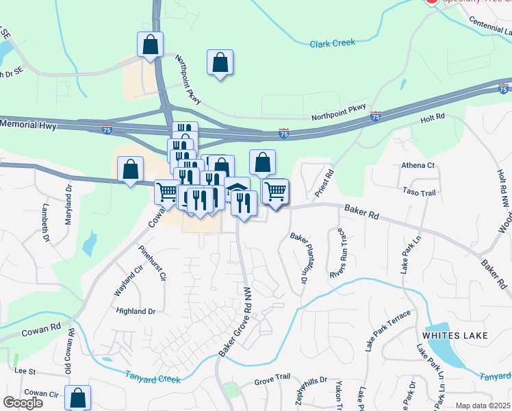 map of restaurants, bars, coffee shops, grocery stores, and more near 3419 Baker Road in Acworth