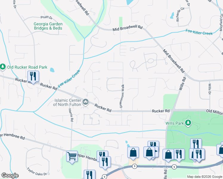 map of restaurants, bars, coffee shops, grocery stores, and more near 155 Greenmont Circle in Alpharetta