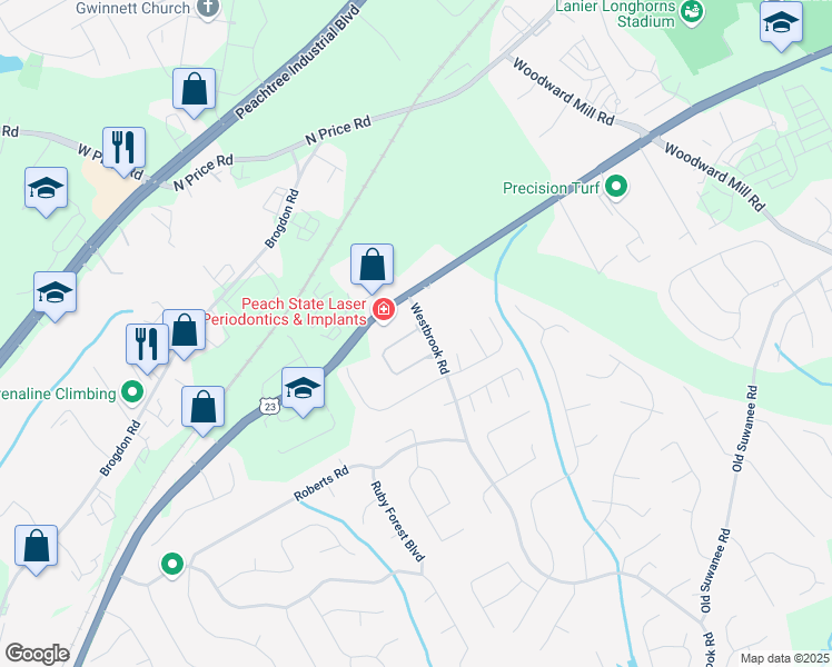 map of restaurants, bars, coffee shops, grocery stores, and more near 102 Rosshandler Road in Suwanee