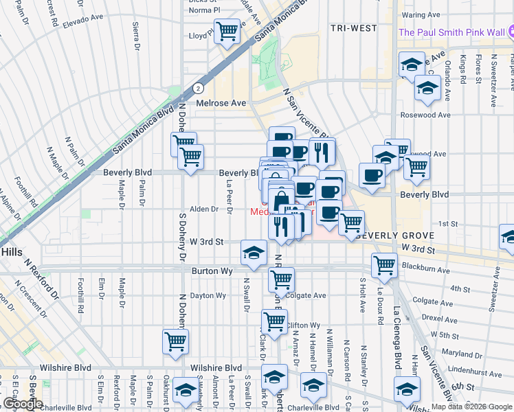 map of restaurants, bars, coffee shops, grocery stores, and more near 100 North Clark Drive in West Hollywood