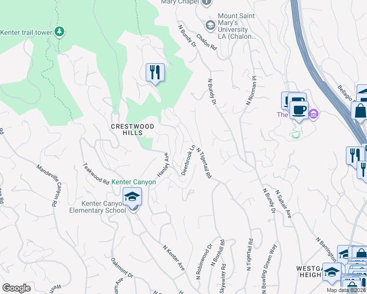map of restaurants, bars, coffee shops, grocery stores, and more near 924 Stonehill Lane in Los Angeles