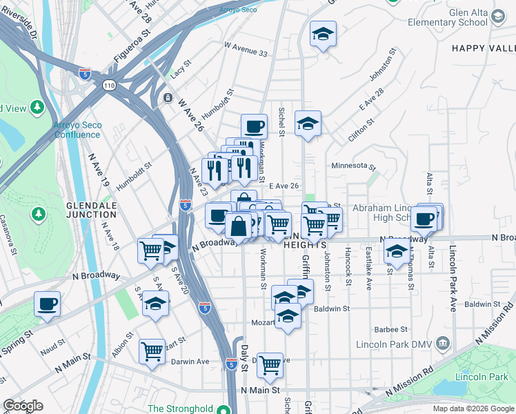 map of restaurants, bars, coffee shops, grocery stores, and more near 2461 Workman Street in Los Angeles